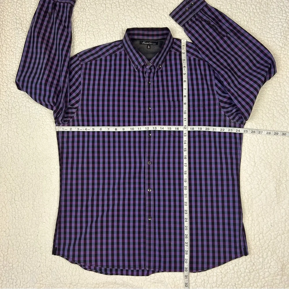 Kenneth Cole Button Down Shirt Men’s XL Purple Check Regular Fit Pocket Casual